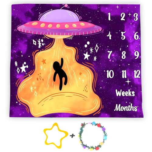 Image of UFO Baby Monthly Milestone Blanket, 60x40in Soft Flannel, Alien Round Spaceship, Newborn Mom Gifts, Baby Shower Age Growth Tracker with Bonus Maker (Purple Pink, 60x40in)
