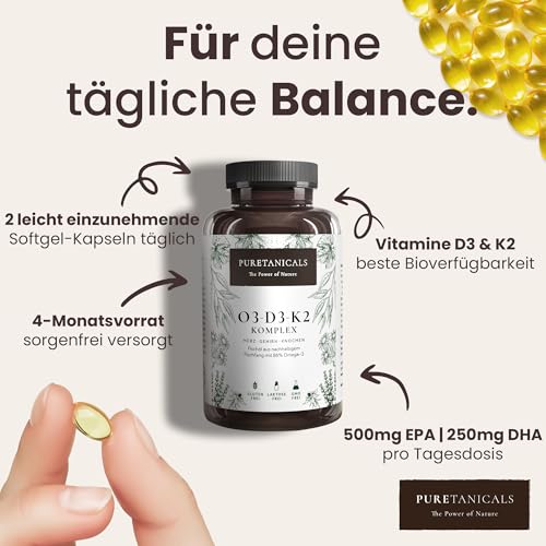 PURETANICALS Omega 3 + Vitamin D3 + K2 MK7 All-Trans | 240 Kapseln hochdosiert Premium Essentials O3-D3-K2 - Fischöl mit essentiellen EPA & DHA Fettsäuren | Fisch Öl Omega3 Fish Oil Tropfen Drops