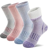 MOSEY KOSY 4 Pairs Kids Merino Wool Walking Hiking Socks Boys Girls Toddlers Thermal Winter Warm Boot Thick Cushion Snowboarding Socks(Purple/Pink,8-12 Years)
