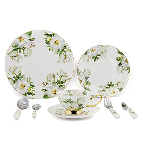 NDHT Ceramic 8-Pcs Green Camellia Dinnerware Set dinner set with dinner plates, salad plates, dinner knife, dinner fork, tea Cup, Saucer, coffee Spoon, dinner Spoon,8 PCS,with Gift Box
