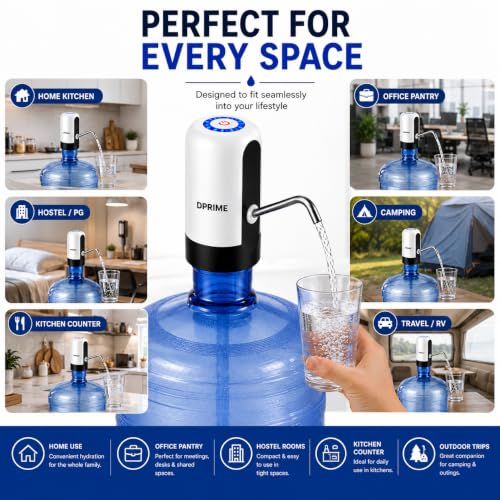Image of DPrime Electric Water Dispenser Pump for 10L, 15L & 20 Litre Bottle | USB Rechargeable 800mAh | Stainless Steel Nozzle, Food-Grade Hose | One-Touch Portable for Home, Office & Travel