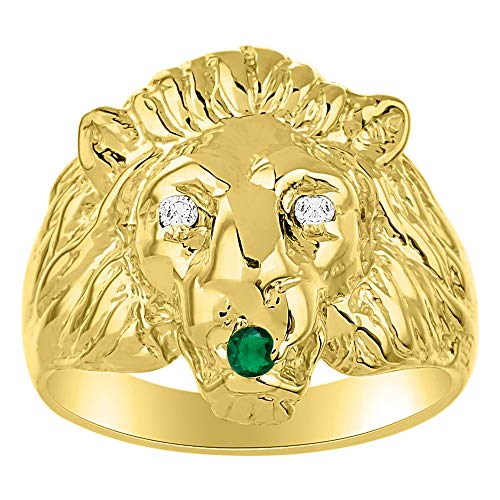 Image of Rylos Lion Head Ring Color Stones Eyes & Diamond Mouth - Fun Designer Rings in Sizes 8-13 in Yellow Gold Plated Silver