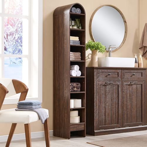 Image of IFBUY 67 inch Tall Arched Bathroom Storage Cabinet, 8-Tier Modern Farmhouse Storage Cabinet with Adjustable Shelves, Wood Freestanding Cabinet for Bathroom, Living Room, Entryway, Hallway (Brown)