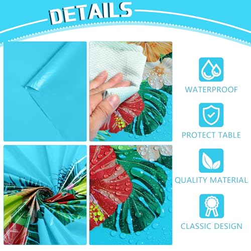 Image of Irenare 3 Sheets Hawaiian Luau Tablecloths for Party Decoration 54 x 108'' Tropical Palm Leaves Table Cloth Hawaii Disposable Rectangular Plastic Table Cover for Summer Beach (Rose Red,Blue,Yellow)