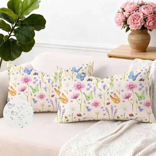 Brylleii Lot de 2 Housse de Coussin 30 x 50 Extérieur Fleurs Rose Oreiller Decoratif Canape Housse Coussin Imperméable Lin Aesthetic Moderne Taie d'oreiller...