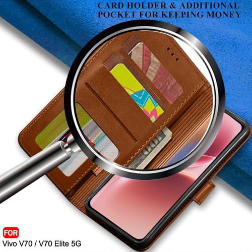 Image of TheGiftKart Genuine Leather Finish Flip Back Cover Case for Vivo V70 5G / V70 Elite 5G | Inbuilt Pockets & Stand | Wallet Style | Designer Button Magnet Flip Back Cover Case (Faux Leather, Brown)