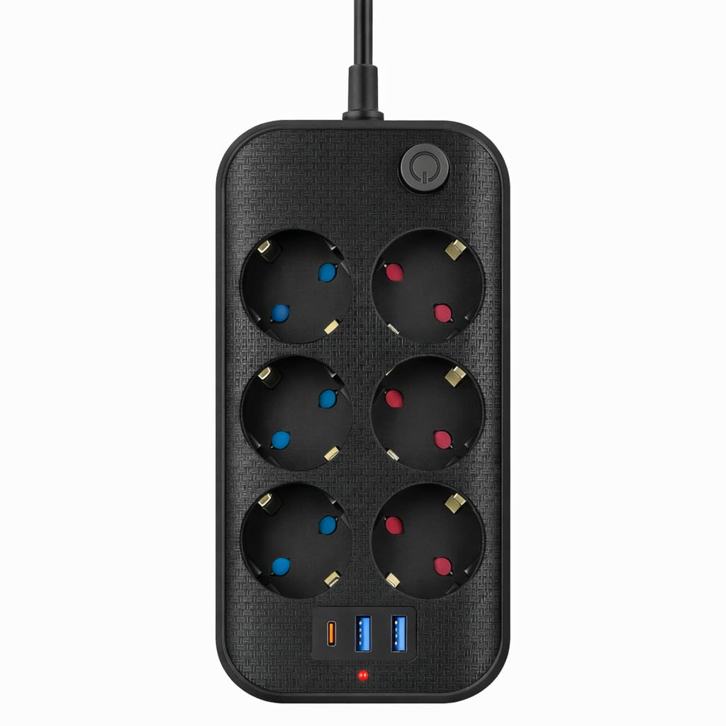 2500W Termal Koruma Çoklu Priz, 6 AC + 2 USB-A + 1 USB-C PD20W, Akıllı Akım Dengeleme, Çocuk Güvenlik Kapaklı, Isıya Dayanıklı Gövde, 2 Metre Kablo