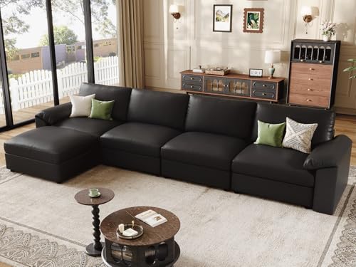 Image of EASE MOOSE Oversized Modular Sectional Sofa,Leather Sectional Couch with Deep Seat,Extra Large L Shaped Couch,Classic Comfy Scratch Resistant Faux Leather Material Sofa for Living Room,Black