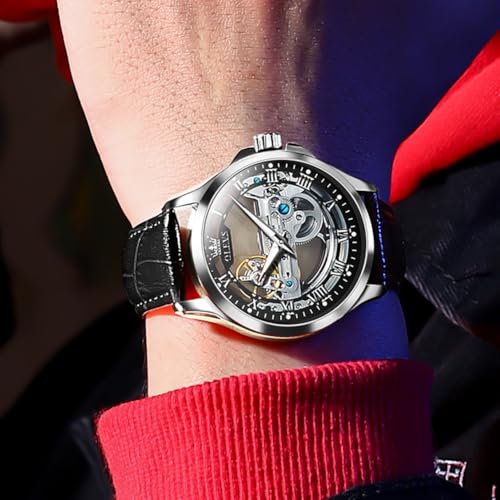 Image of OLEVS Mechanical Dress Mens Watches Square Brown Leather Strap Moon Phase Skeleton Tourbillion Day Date Waterproof Luminous Men's Wrist Watches