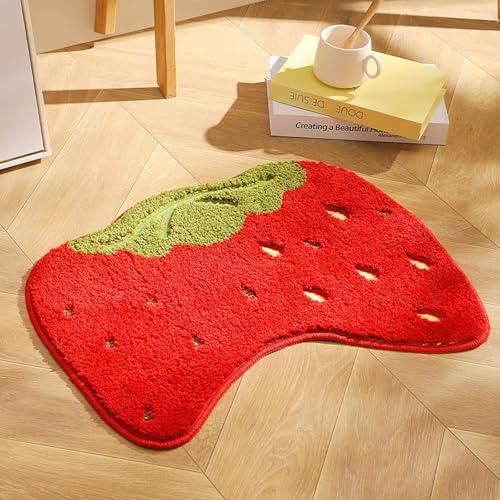 Image of Super Soft Shaggy Bath Mat Anti Skid Cute Absorbent Kids Small Bath Mat Cartoon Fruit Bathroom Rug Non Slip, Cute Bathroom Floor Mat for Home Decor (60 x 40 Cm) (Strawberry)