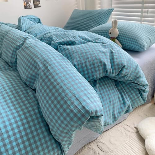 Image of LifeTB Queen Comforter Set Blue Grey Gingham Comforter with 2 Pillowcases Modern Style Geometric Plaid Grid Comforter Farmhouse Gingham Bedding Set 3 Pieces Fluffy Checkered Comforter Set