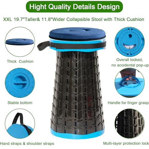 Image of 2026 Upgraded XXL Collapsible Stool with Thick Cushion,19.7 inchH-11.8 inchD Telescoping Folding Stool for Adults, More Sturdy Camping Stools with Load Capacity 1000lbs for Outdoor,Garden,Fishing,Hiking