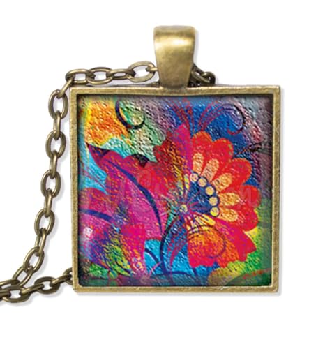 Blooming Bold Floral Design - Handmade SQUARE Glass Pendant Necklace