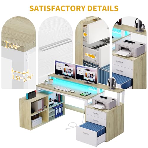 Image of DWVO L Shaped Desk with Drawers, 65 inch Computer Desk with Power Outlets & LED Lights, Corner Home Office Desk with Storage Shelves & Printer Stand, White & Oak