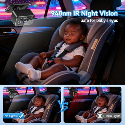 Dual Baby Car Camera for 2 Kids - 6.86 Inch IPS AHD 1080P Split Screen Monitor with 2 Backseat Cameras, Cigarette Lighter & USB Powered, IR Night Vision, 360° Rotatable, Double Rear-Facing Mirror - Image 4
