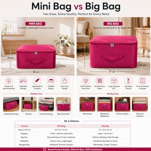 Image of Storite 2 Pack Mini Nylon Storage Bag, Magenta, 30x27x13 cm | Zip Closure, Foldable, Multipurpose Organizer, Travel, Clothes, Makeup, Toys & Home Storage, Portable Utility Bag