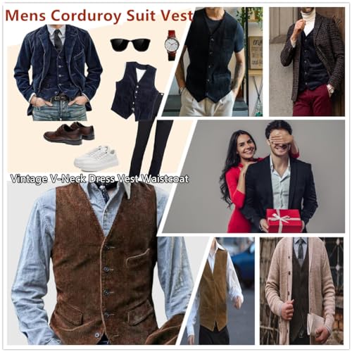 Men's Vintage Corduroy Sleeveless Vest, Casual V-Neck Dress Vest Waistcoat Button Belt Back with Pockets2