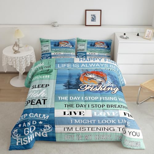 Image of Feelyou Kids Happy Camping Duvet Insert Twin Size, Big Pike Fish Comforter Set Boys Girls for Lake House Bedding Set RV Camping Teens Bedroom Decor with 1 Pillow Case