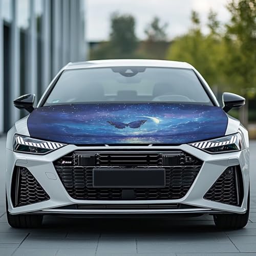 Image of Car Hood Cover,All Weather Comfortable Car Hood Cover Protector Suitable Most Automotive Sedans Trucks Pickup Sports Cars Accessories Blue Butterfly Moon