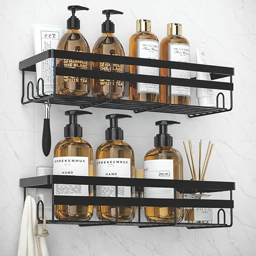 Image of JIALTO 2 Pieces Heavy Duty Self Adhesive Bathroom Accessories Set | Racks for Bathroom | Multipurpose Wall Mounted Washroom Organizer | No Drill Bathroom Shelves | Soap Rack for Bathroom (Black)