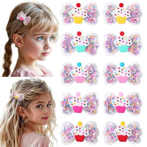 Hair Clips for Girls, 10PCS Swim Hair Bow Clips with Cupcake, Colorful Glitter Hair Accessories for Toddler Kids Birthday Party