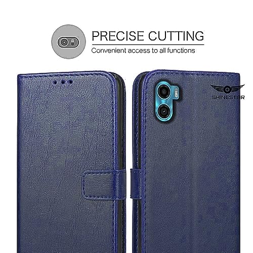 Image of SHINESTAR Motorola Moto E32 Flip Back Cover | PU Leather Flip Cover Wallet Case with TPU Silicone Case Back Cover for Motorola E32 - Ultimate Blue