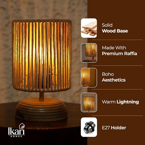 Image of Ikari Homes Boho Reed Table Lamp I Night Lamp for Bedroom Bedside & Center Table Lamp I Warm Ambient Cozy Lamp I Rattan Lamp I Size 21.5 x 12.7 cm - (Bulb Not Included)