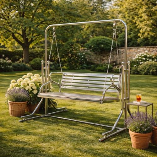 Image of Heavy Duty Stainless Steel Seater Swing with Stand for Adults | Outdoor Garden Swing Chair for Balcony, Patio, Terrace & Lawn | Weather-Resistant Metal Swing | Made in India