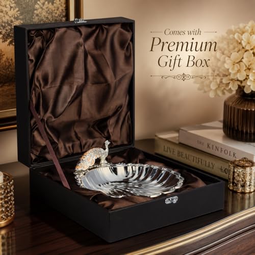 Image of Diviniti German Silver Peacock Decorative Tray for Home Decor | Luxury Dry Fruit & Sweet Serving Platter with Orange Enamel Peacock Design | Premium Decorative Gift Hamper Plate with Elegant Gift Box
