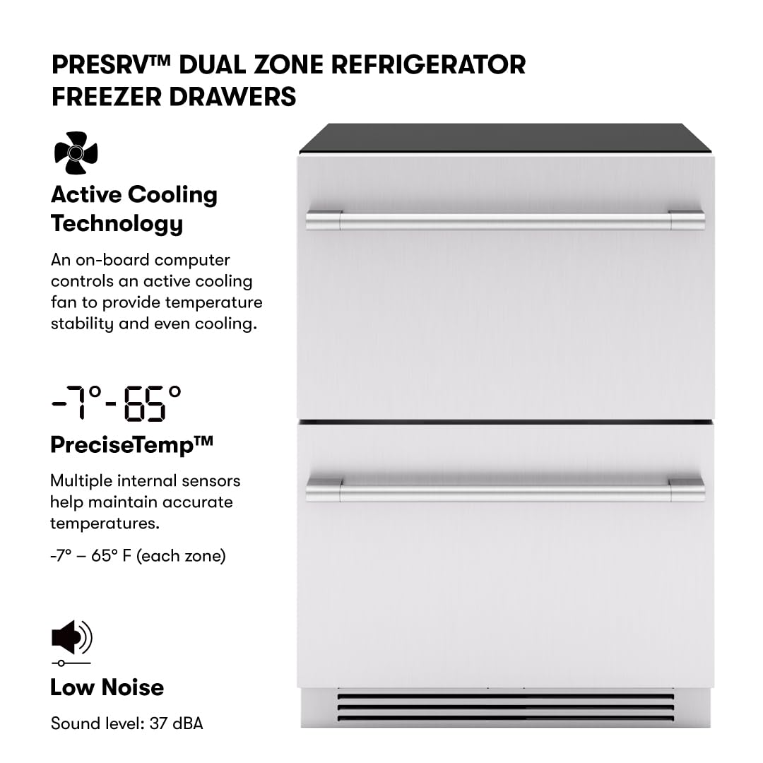 Zephyr 24" Presrv™ Dual Zone Refrigerator Freezer Drawers - Built In Fridge With Modes For Freezer, Fridge And Pantry, Convertible -7° – 65° F (Each Zone), LED Lighting, Soft Close, Prrfd24c2as on Fridge.com - View 2