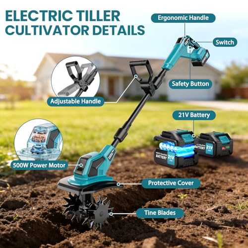 Cordless Tiller Cultivator, 360RPM Electric Garden Tiller, 2 * 3.0Ah 21V Batteries & Charger, Brushless Motor Battery Powered Garden Rototiller for Lawn/Gardening/Soil Cultivation - image 4