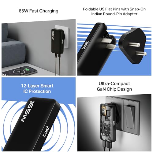 Image of boAt 65W GaN Nano Charger, Fast Charging PD, PPS & QC 3.0 in Ultra-Slim Body,Foldable US Flat Pins & Snap-On Indian Round-Pin; GaN Chip Tech; USB-C & USB-A Output, Free Type-C to C Cable(Carbon Black)