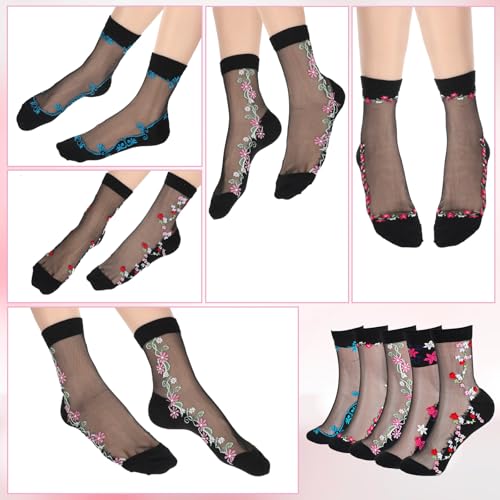 5 Pairs Sheer Black Socks Mesh Transparent Socks for Women Ultrathin Fishnet Floral See Through Sock Lace Ankle Sock Candy Womens Sheer Ruffle Summer Stockings4
