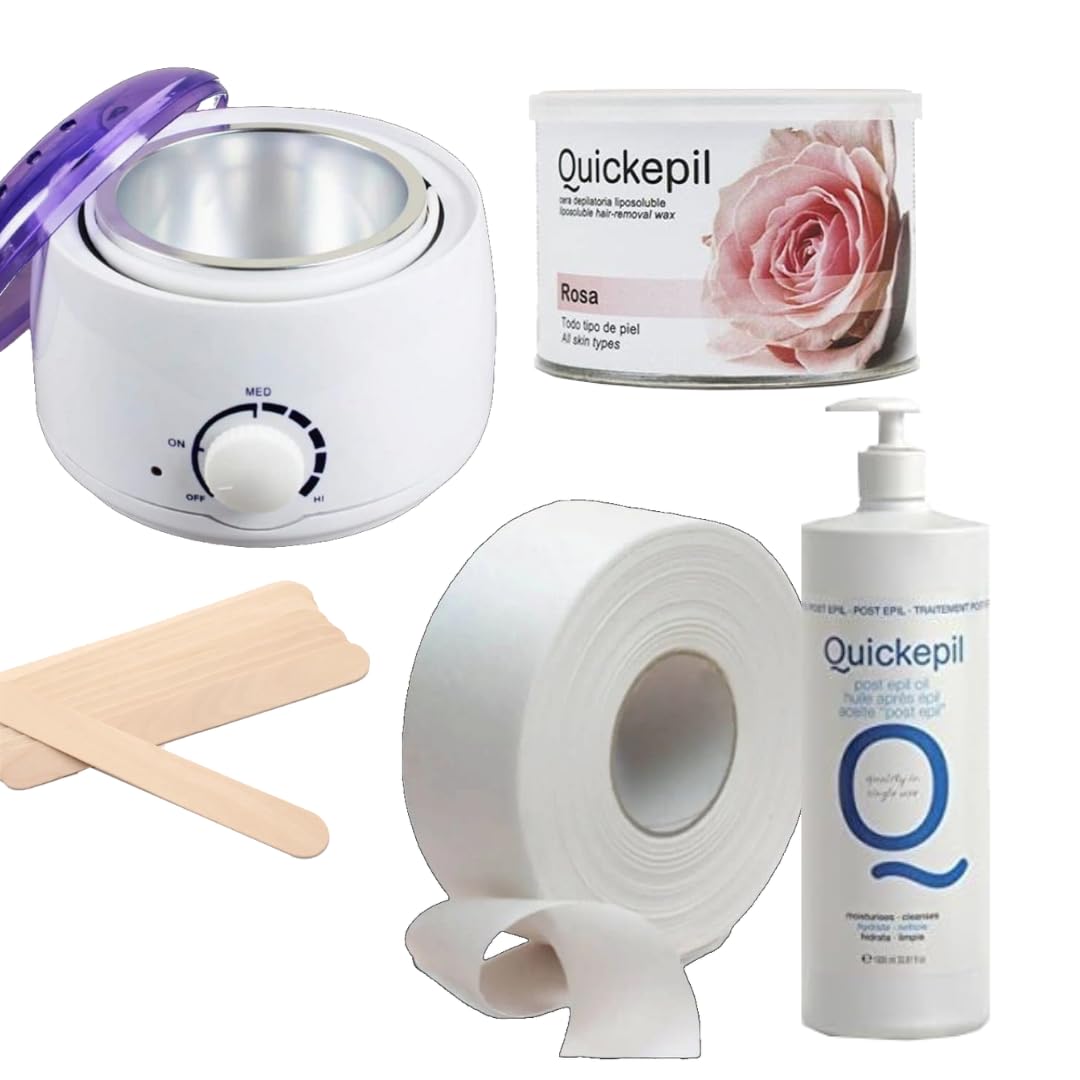 kit depilazione professionale: Scaldacera professionale, cera Rosa, rotolo strisce, olio dopo cera, 100 spatole legno.