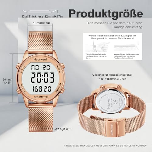 Damen Schrittzähler Uhr,Wasserdicht Fitness Tracking Digitale Uhr,Ohne Bluetooth und APP,Seniorenuhr mit Schrittzähler Kalorienzähler,Sportuhr zum Gehen/Laufen (Roségold, Damen)