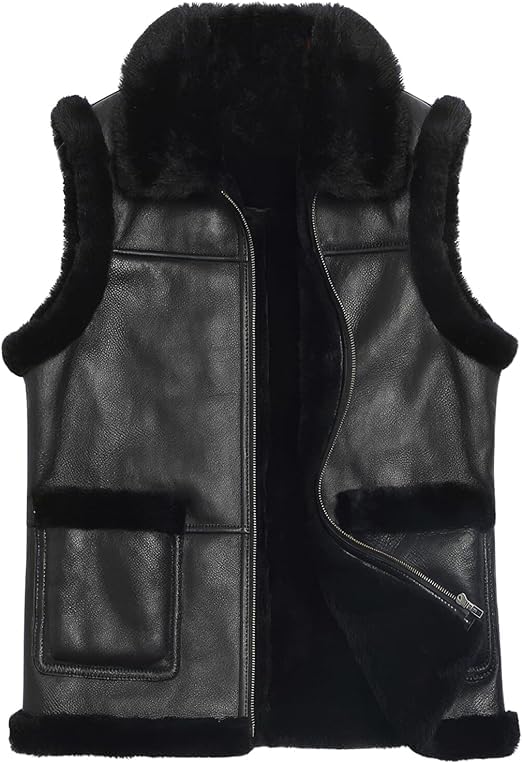Men's Genuine Sheepskin Faux Fur Lined Vest Winter Warm Thick Shearling Sleeveless Leather Waistcoat