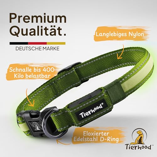 Tierhood Leuchthalsband Hund - Leuchthalsband für kleine und große Hunde - LED Hundehalsband Aufladbar - Langlebig, Wetterfest & Komfortabel - Ideal für Nachtspaziergänge - Grün, Größe S