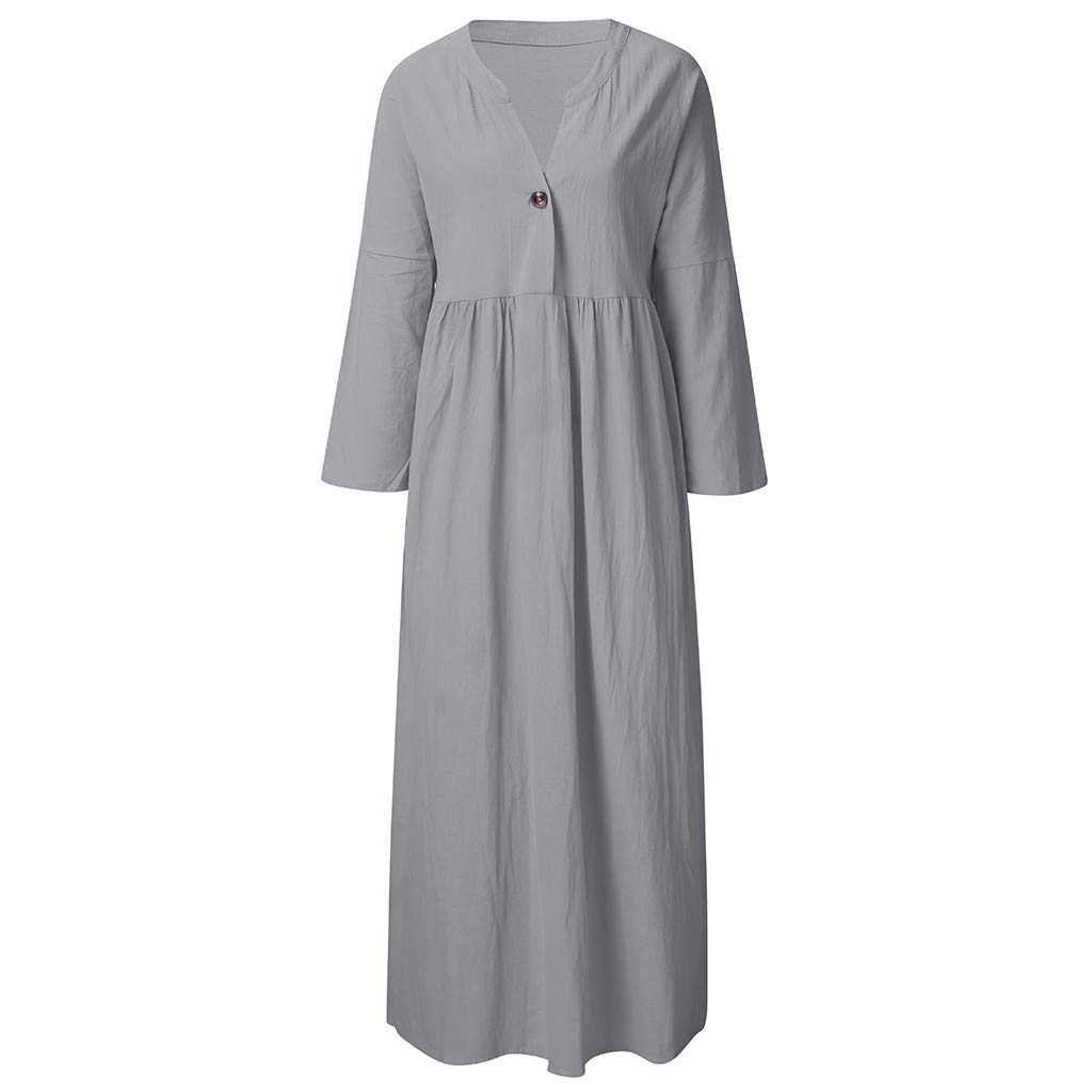 Topassion Women's Summer Long Sleeve Linen Dress Loose A-line Party Sundress Button Dress Striped Casual Kaftan Boho Maxi Cotton Linen Dresses T-Shirt Beach Dress for Ladies Plus Size