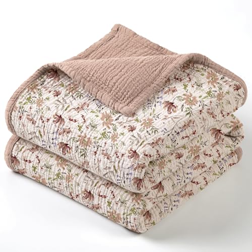 Image of lulumoon Muslin Baby Blanket for Girls - Soft Cotton for Newborn - 4 Layer Reversible Breathable Floral Receiving Blanket for Nursery Crib and Stroller 47 inchx47 inch(Sand Flower)