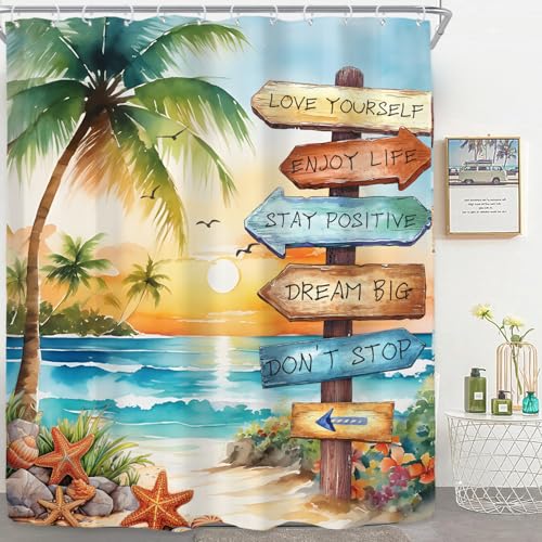 Riyidecor Tropical Beach Palm Tree Shower Curtain for...