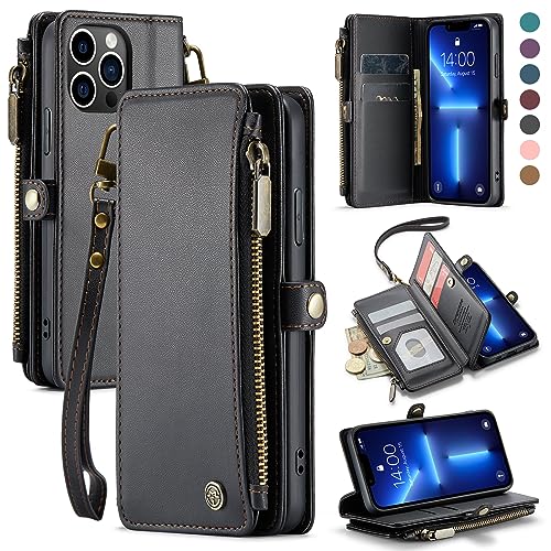 Defencase iPhone 13 Pro Case, RFID Blocking Wallet for Women & Men, Elegant Black PU Leather, 7 Card Holder, Zipper, Kickstand, Magnetic Flip, Unisex