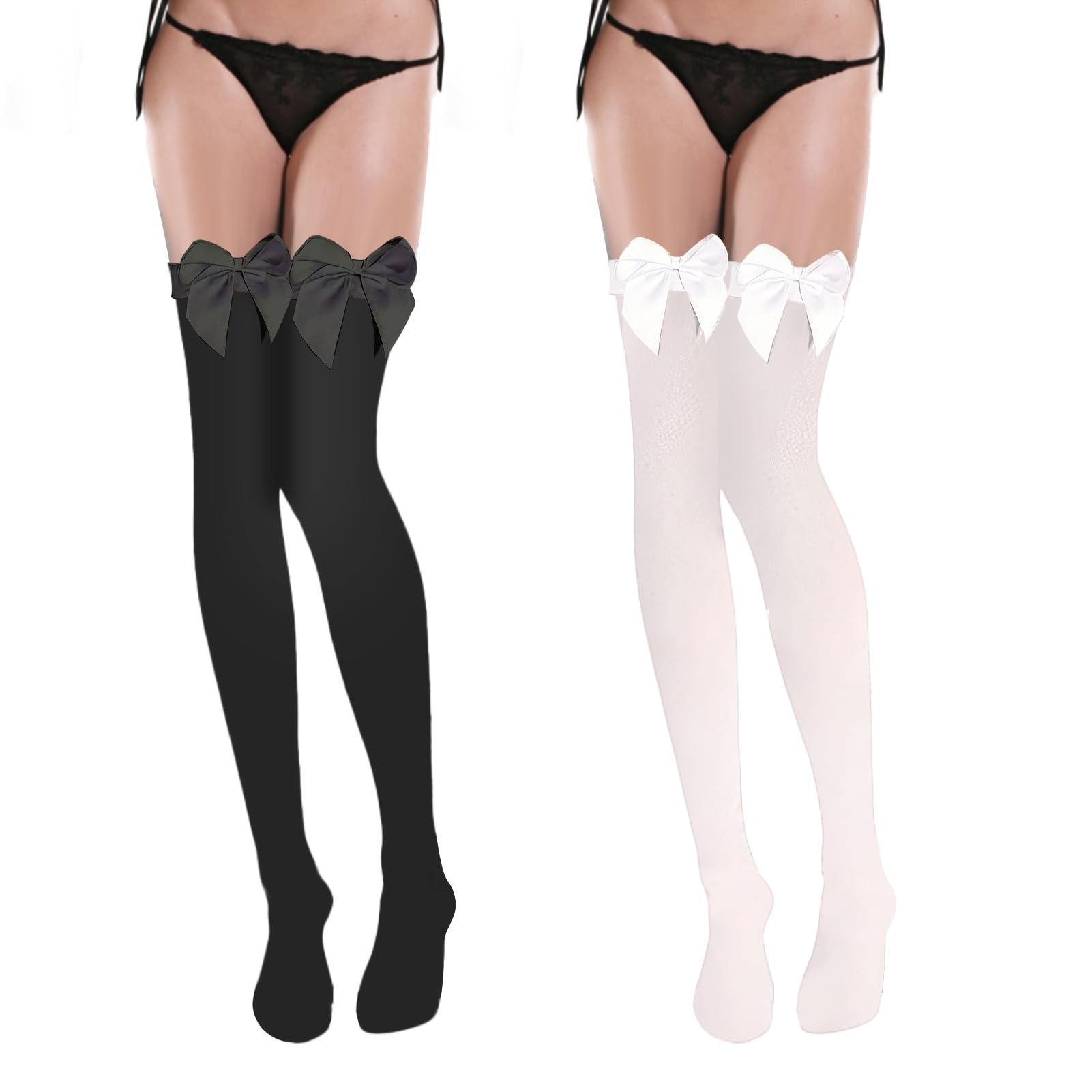2 pares Medias Mujer,Antideslizante,Medias con Lazo,Estilo y Sofisticación,Opacas de Muslo de Mujeres Medias Largas Sobre Rodilla,Ideales para Todo Tipo de Fiestas, Ropa Familiar(Negro y Blanco)