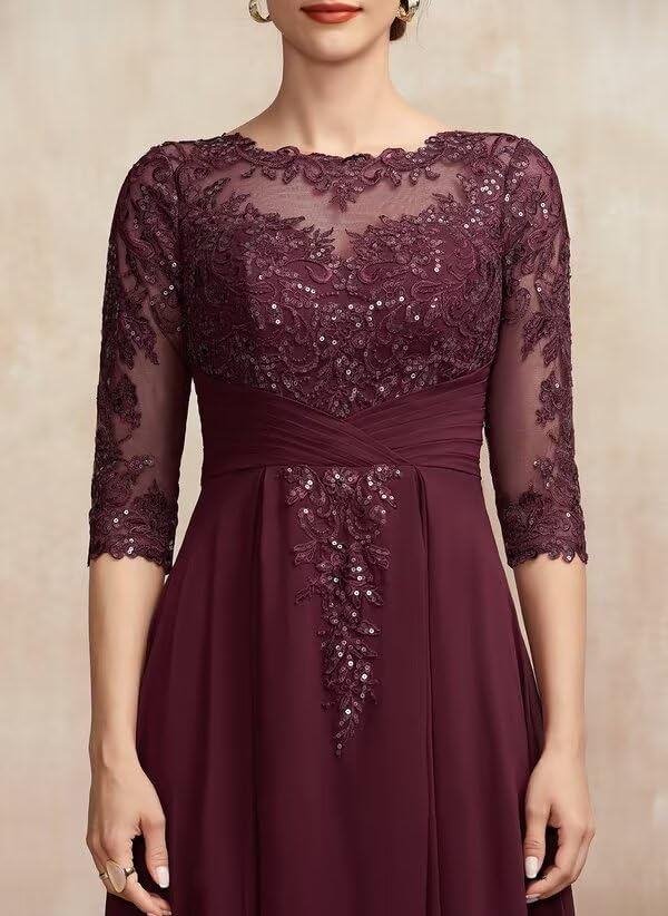 Women's Lace Long Mother of The Bride Dresses with Slit Long Sleeve Chiffon Ruched Evening Formal Dress PU1004