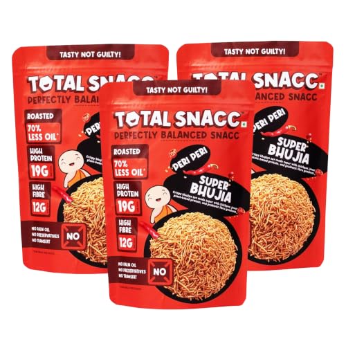 Image of TOTAL SNACC Roasted Bhujia Peri Peri (250g x 3) | High Protein 19g, High Fibre 12g | 70% Less Oil | No Palm Oil | Baked Bhujiya | Healthy Namkeen | High Protein Snacks | Diabetic Friendly | Millet Bhujia | Low Calorie