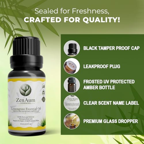 Image of ZenAum Essences 100% Pure Lemongrass Essential Oil | Refreshing & Uplifting | Anti-Fungal, Stress Relief & Muscle Relaxation | Diffuser & Massage Use| GMP, IFRA, ISO Certified- 15ml - Pack of 2