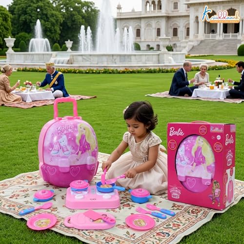 Image of Barbie Backpack Kitchen Set with Lights and Music - 21 Piece Portable Pink Pretend Play Chef Toy with 12 Accessories for Girls Age 3+, Realistic Role Play & Easy Storage|Birthday Gift
