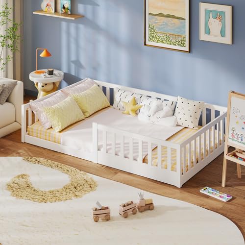labebe Kinder-Bodenbett 120 x 200 weißes Massivholz-Montessori-Bett mit Sicherheitsgeländer und Lattenrost (Matratze Nicht im Lieferumfang enthalten) Geeignet für Kinder und Babys