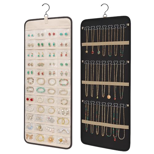 Mumjooyi Organizador de joyas colgante Organizador de Colgantes Doble Cara Joyero Collares con Gancho para Colgar Pendientes Collares Anillos en Armario Pared Puerta