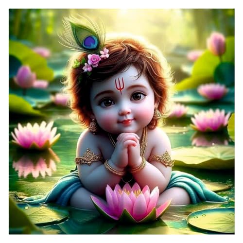 Image of Baby Krishna With Pink Flower God Wall Poster for Pooja Room, Office, Kids Room (Size- 46CM X 46CM)