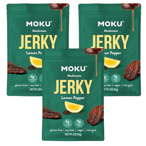 Moku Plant-Based Mushroom Jerky, Vegan, Gluten Free, Soy-Free, Non-Gmo, No Artificial Sweetener, Healthy Snacks, 2.0 Oz Ea (3 Count, Lemon Pepper)